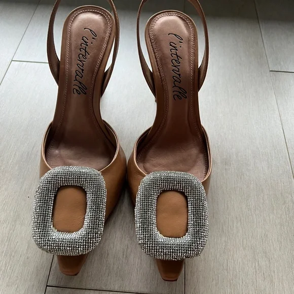L'Intervalle Mayta Camel Leather Slingback Heels with Silver Buckle - Picture 3 of 5